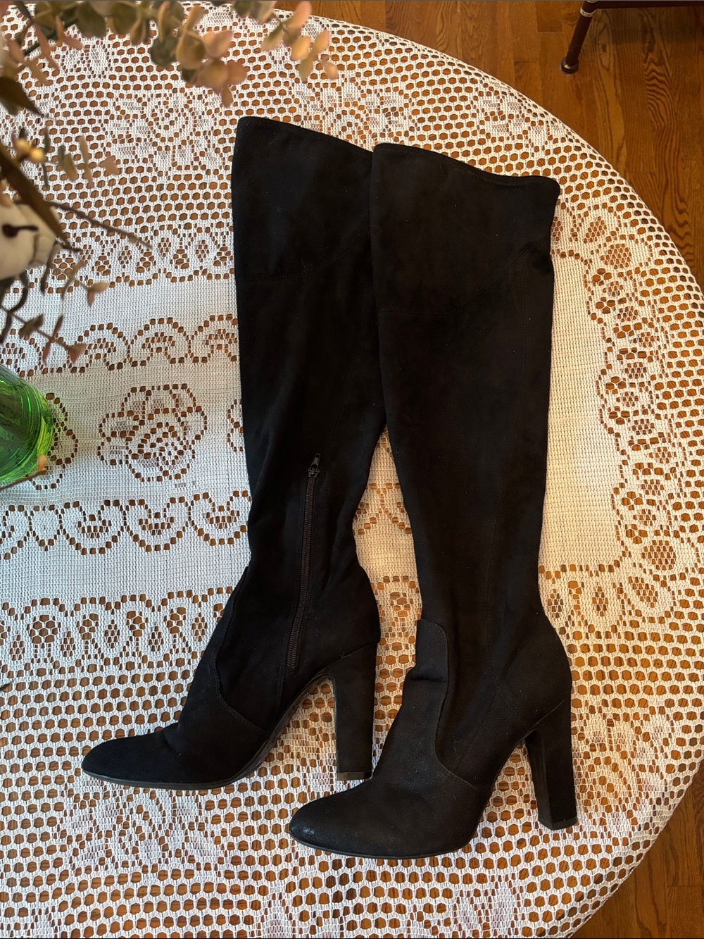 Knee High Black Suede Heeled Boots